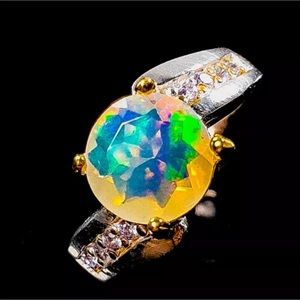 Genuine Faceted Fiery Natural Opal Ring
